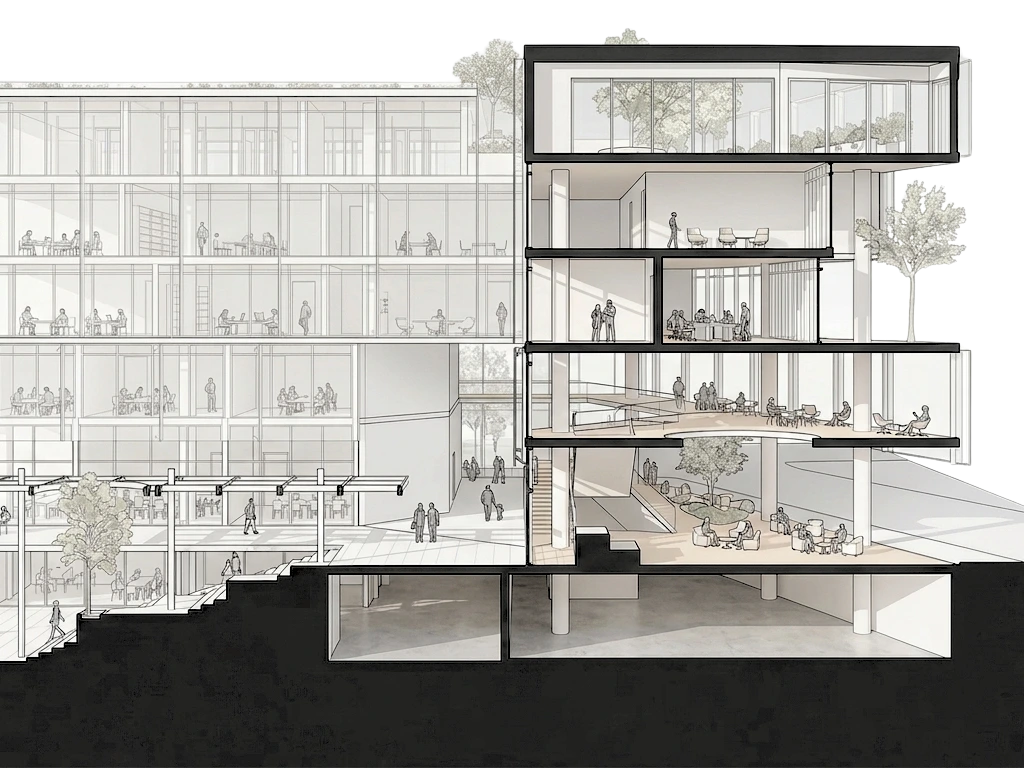 City Rooms, axonometric section