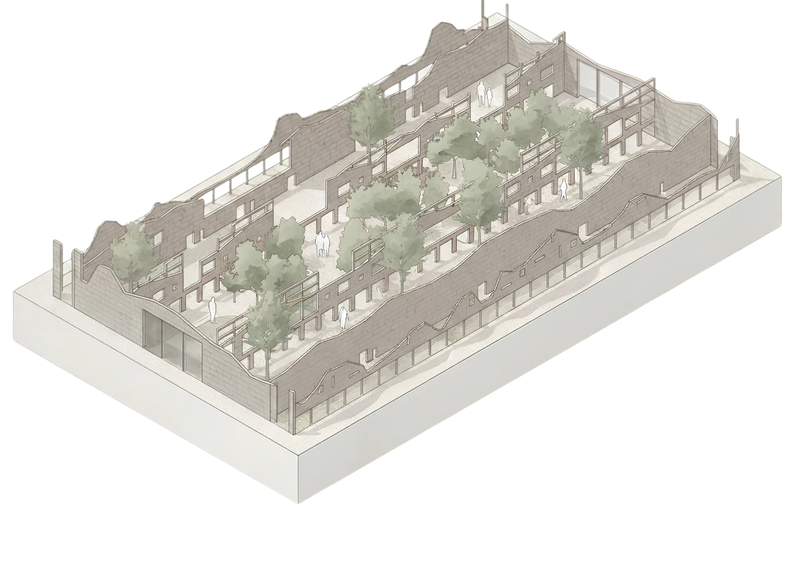 The Civic District, the main walls enveloping the building like ruins