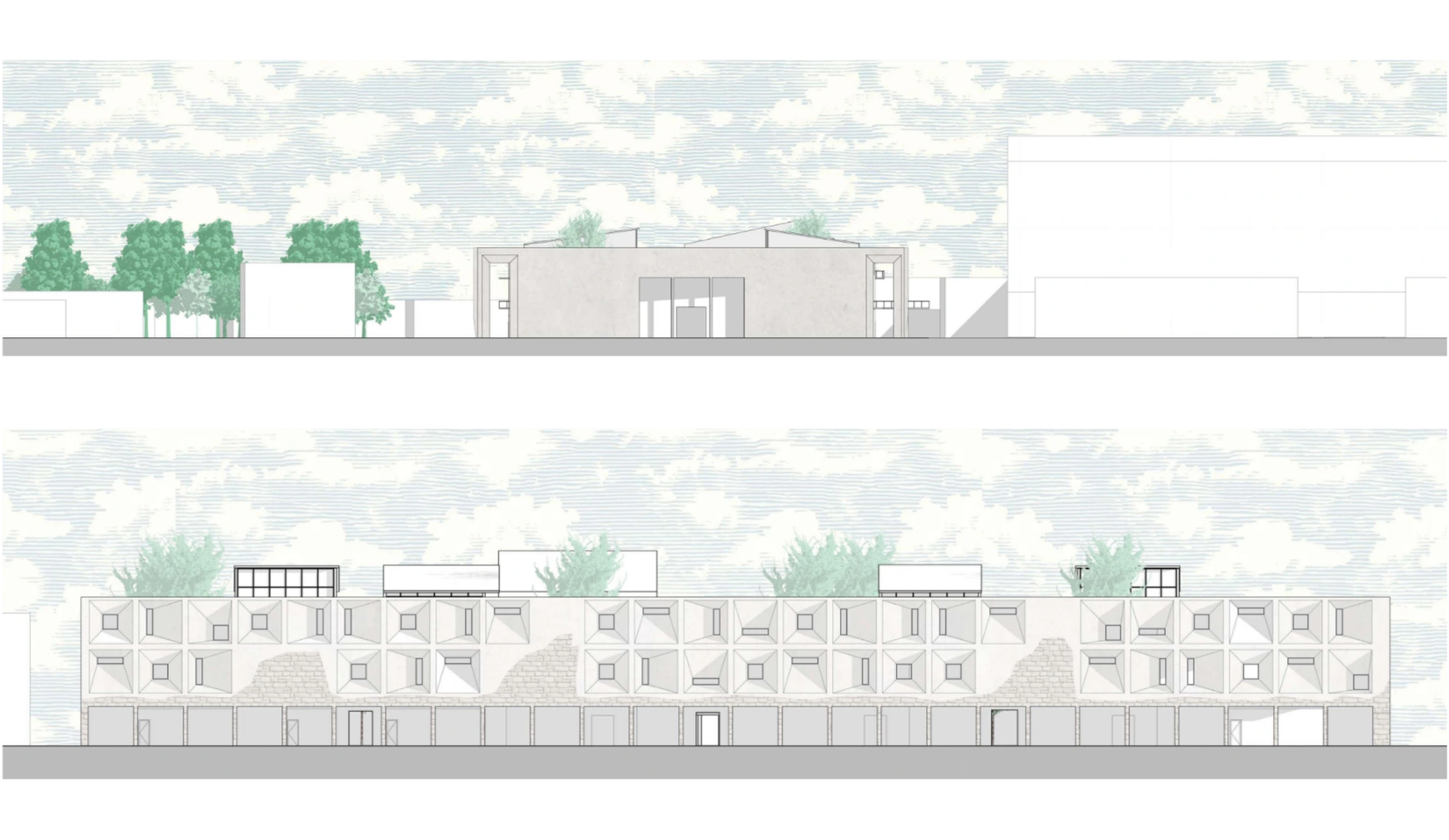 The Civic District, east and south elevations